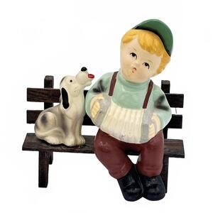 Artmark Vintage Figurine Boy And Dog On Wood Bench